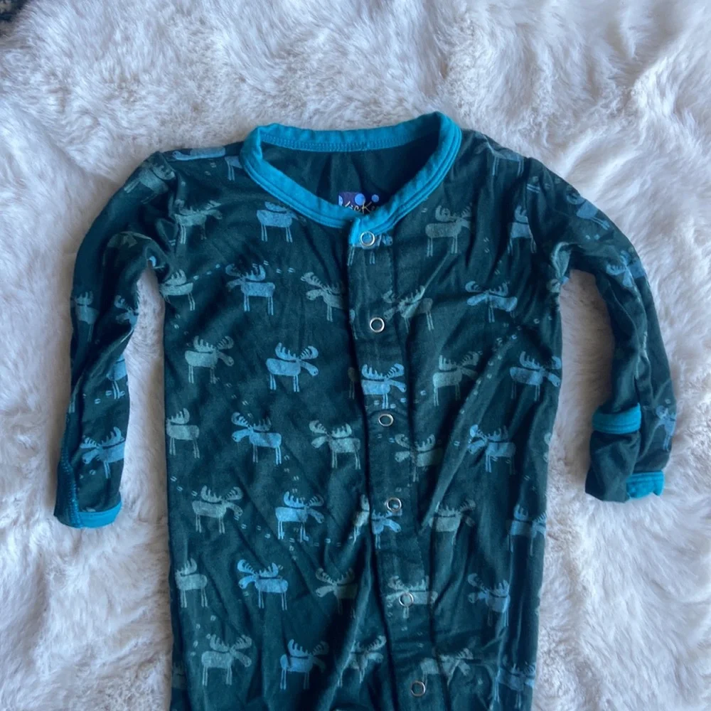 Kickee Pants Footie Pajamas Pine Moose green blue onesie jumper 3-6 months